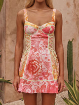 Resort Paisley Print Sweetheart Lace Up Side A Line Mini Sun Dress
