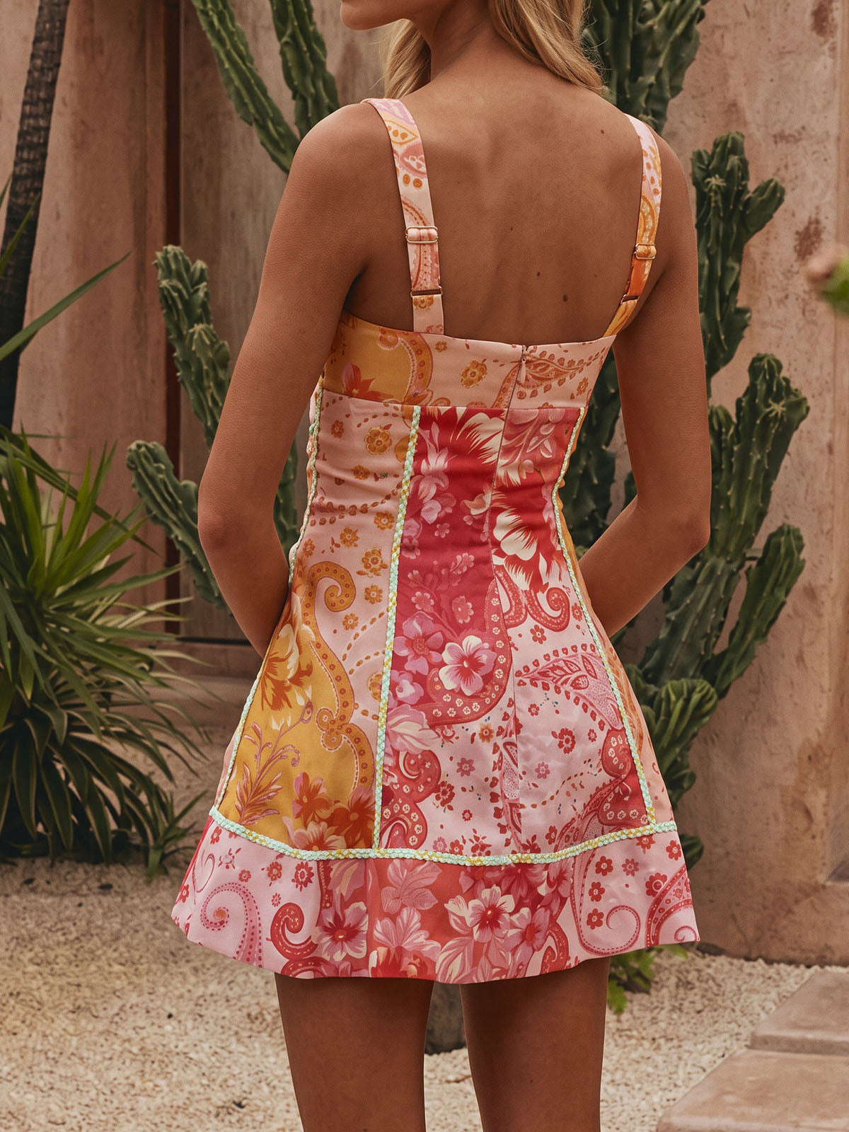 Resort Paisley Print Sweetheart Lace Up Side A Line Mini Sun Dress