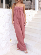 Resort Tie Front Smocked Empire Waist Barrel Leg Strapless Jumpsuit