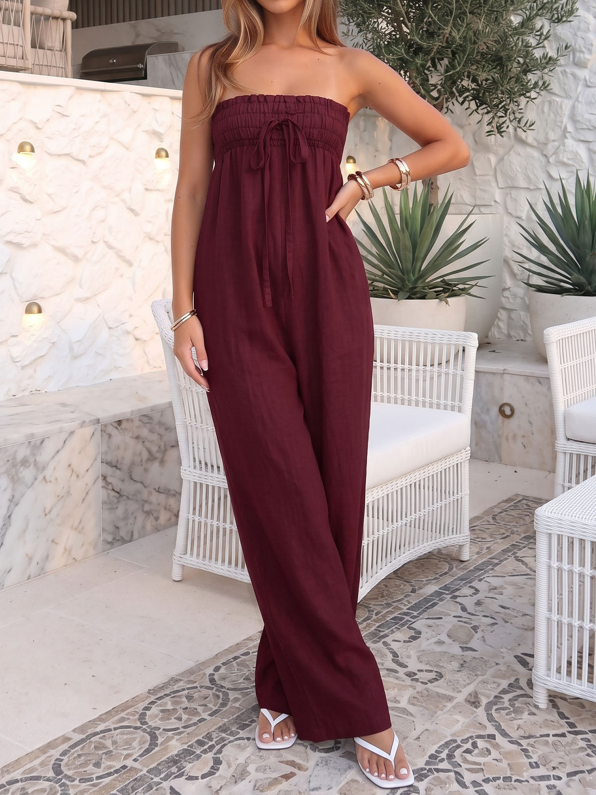 Resort Tie Front Smocked Empire Waist Barrel Leg Strapless Jumpsuit