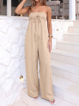 Resort Tie Front Smocked Empire Waist Barrel Leg Strapless Jumpsuit