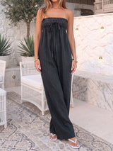 Resort Tie Front Smocked Empire Waist Barrel Leg Strapless Jumpsuit