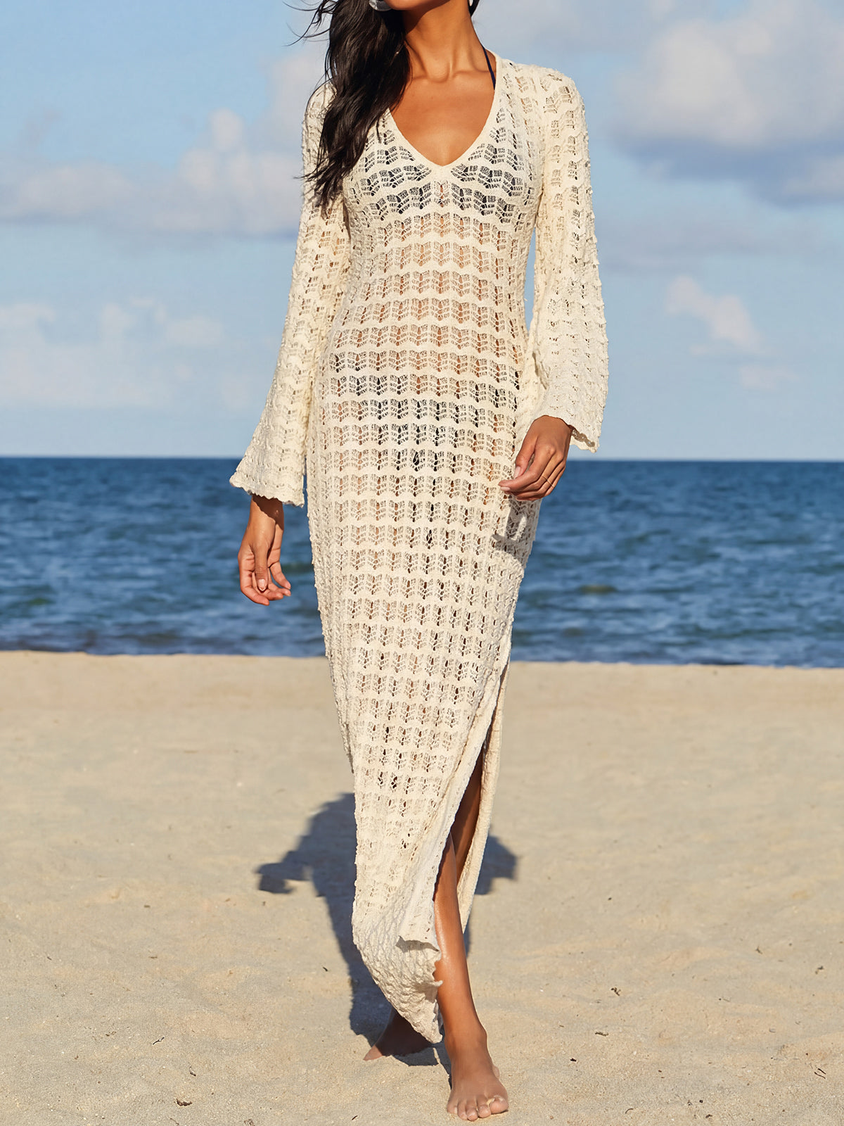 Resort V Neck Bell Sleeve Crochet Knit Beach Cover Up Maxi Dress