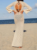 Resort V Neck Bell Sleeve Crochet Knit Beach Cover Up Maxi Dress