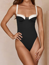 Retro Contrast Color Underwire Tie Back Cutout One Piece Swimsuit
