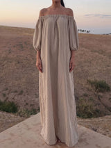 Retro Off Shoulder Puff Sleeve Oversized Lined Cotton Striped Maxi Dress