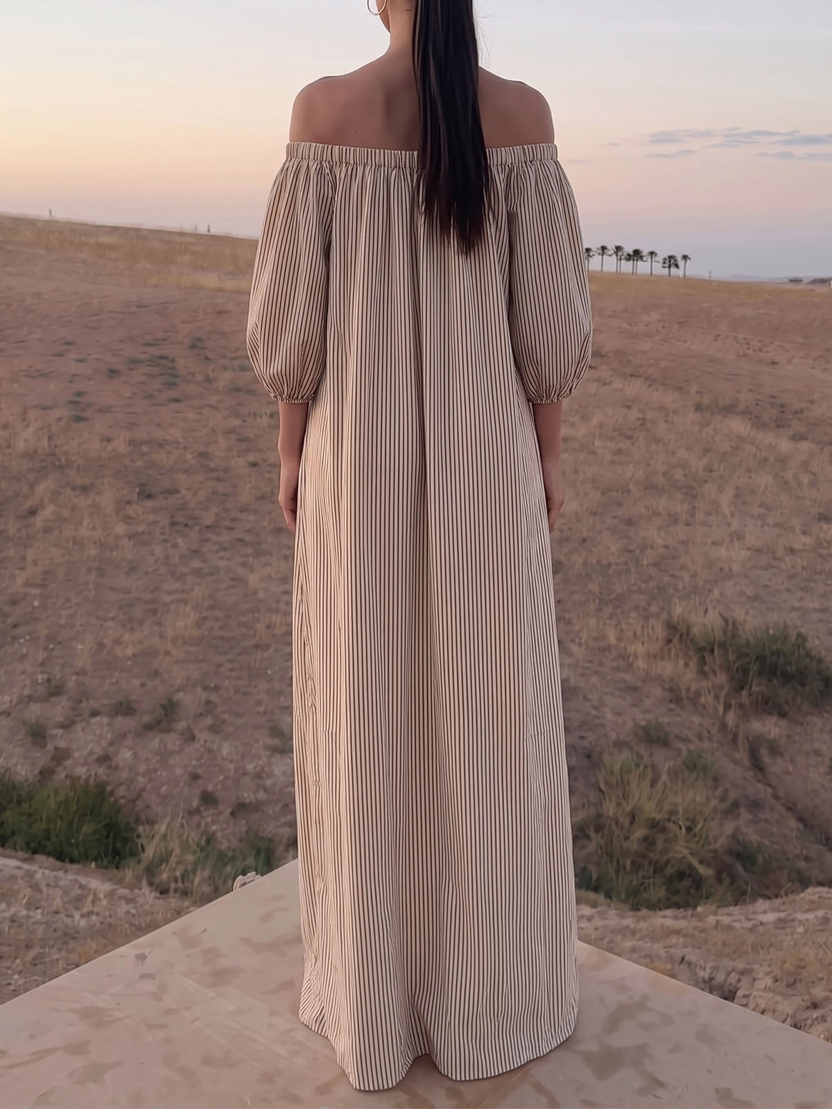 Retro Off Shoulder Puff Sleeve Oversized Lined Cotton Striped Maxi Dress