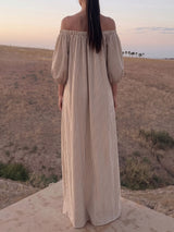 Retro Off Shoulder Puff Sleeve Oversized Lined Cotton Striped Maxi Dress