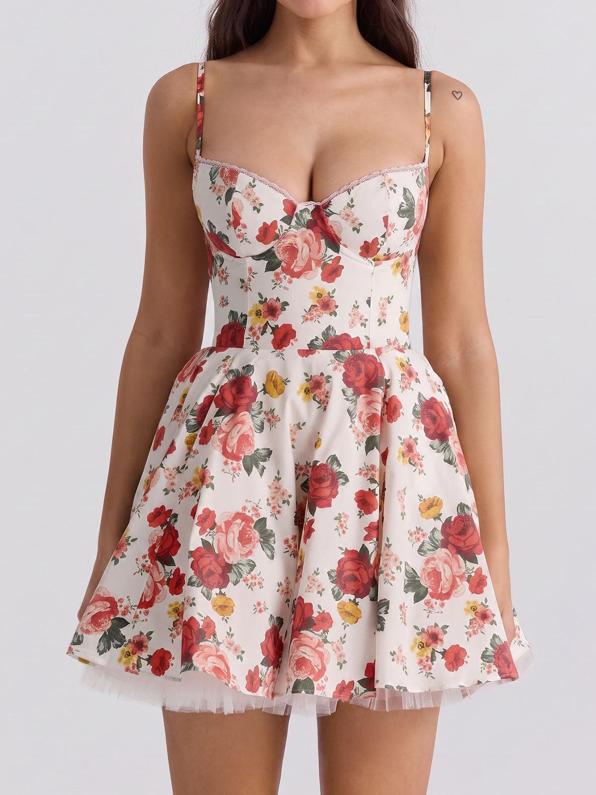 Romantic Floral Satin Sweetheart Tulle Layer Resort Mini Sundress
