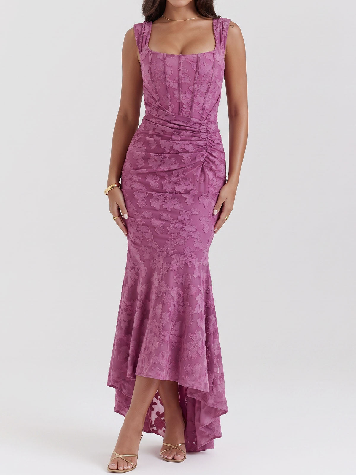 Romantic Floral Square Neck Ruched Corset Resort High Low Fishtail Dress