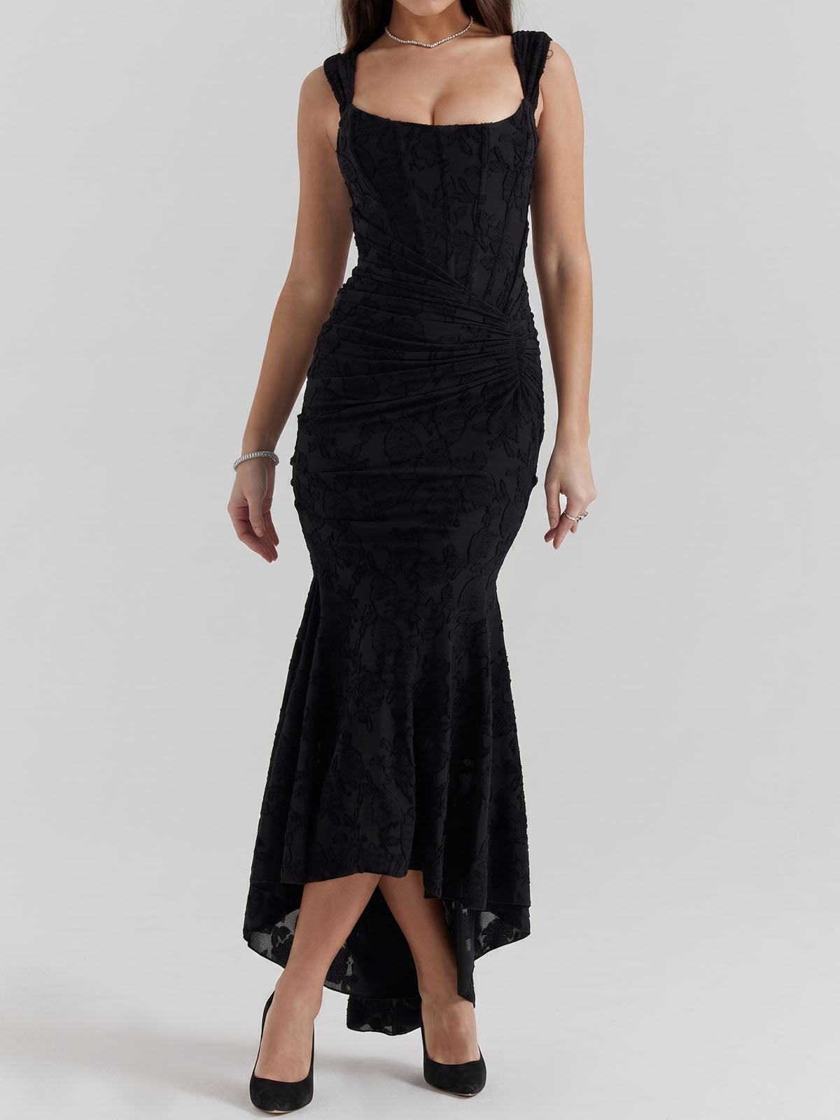 Romantic Floral Square Neck Ruched Corset Resort High Low Fishtail Dress