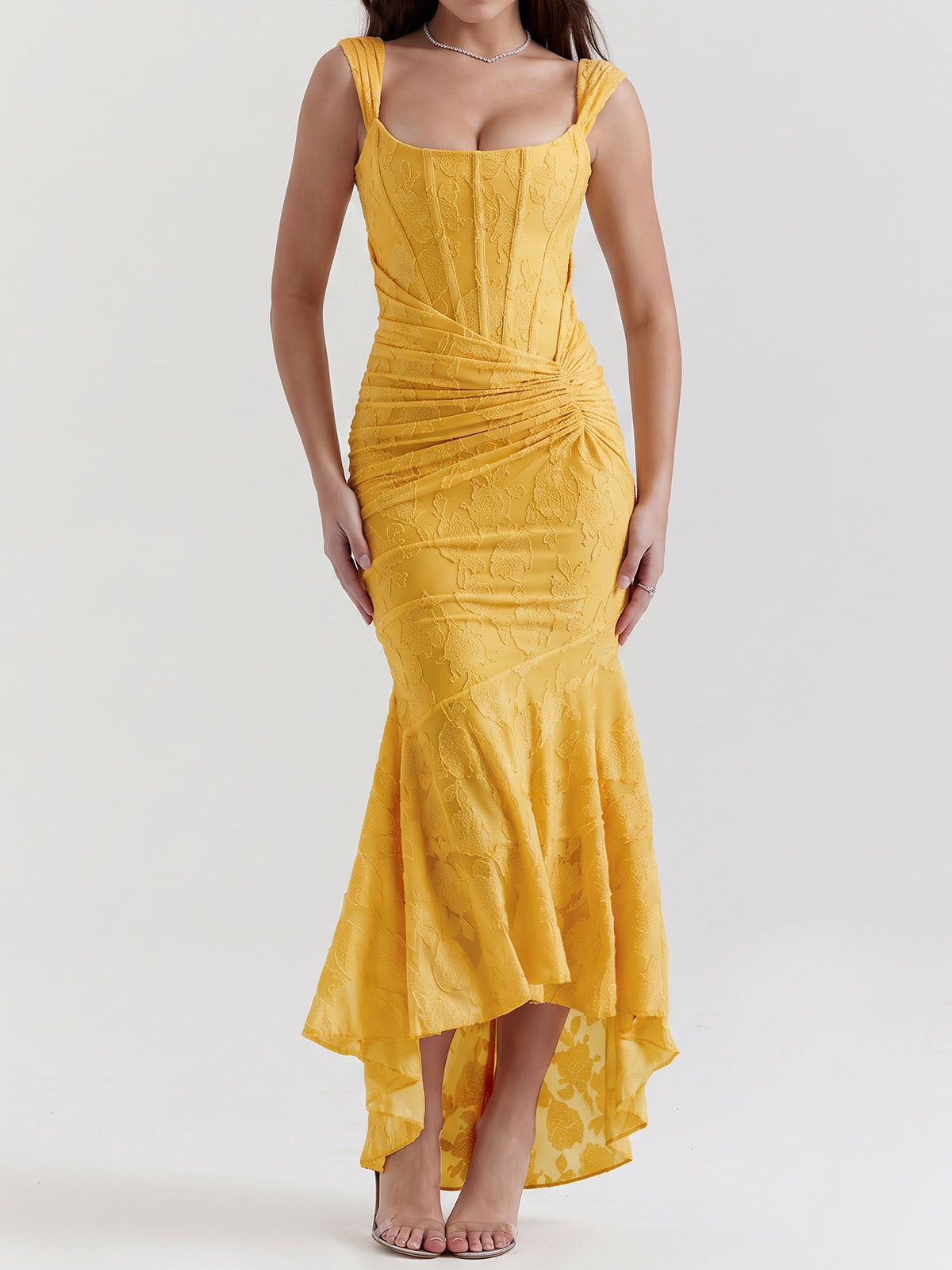 Romantic Floral Square Neck Ruched Corset Resort High Low Fishtail Dress