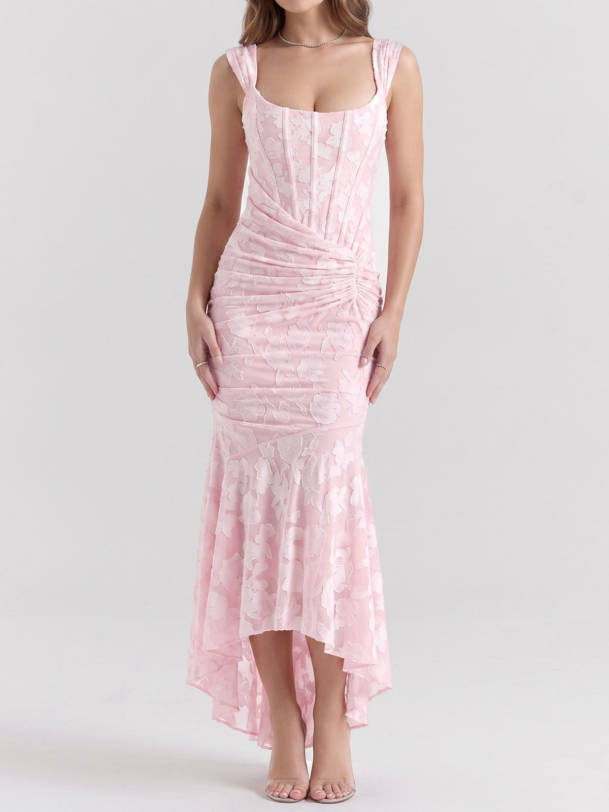 Romantic Floral Square Neck Ruched Corset Resort High Low Fishtail Dress