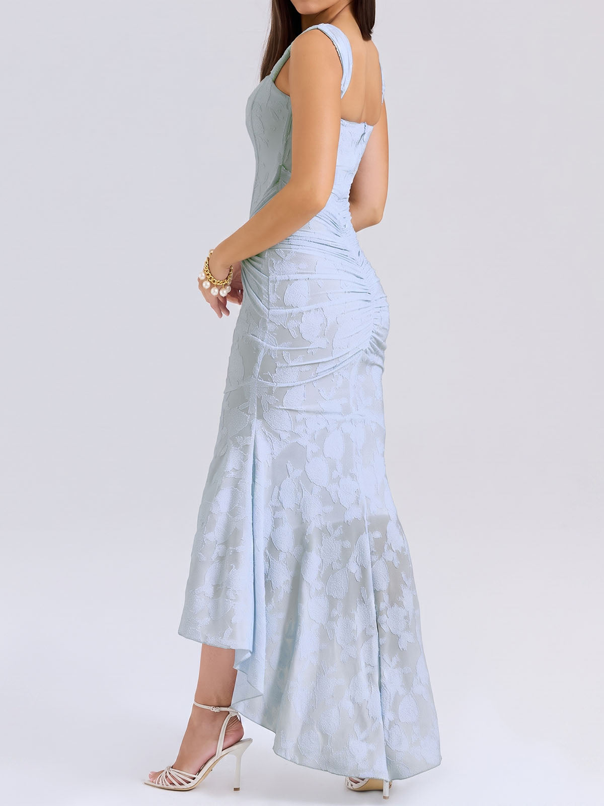 Romantic Floral Square Neck Ruched Corset Resort High Low Fishtail Dress