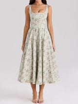 Romantic Square Neck Lace Up Back Resort Floral Print Midi Sundress