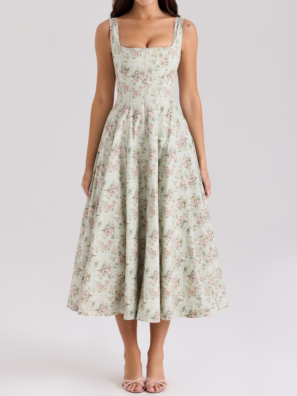 Romantic Square Neck Lace Up Back Resort Floral Print Midi Sundress