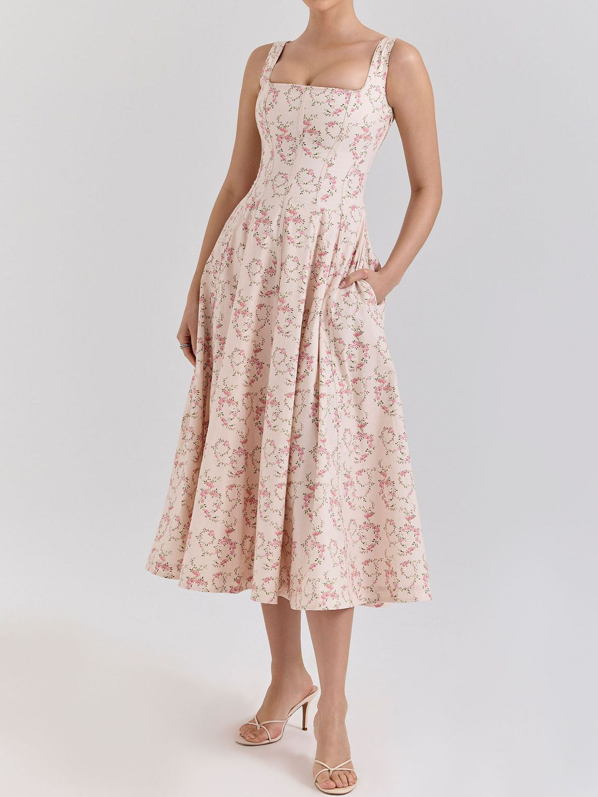 Romantic Square Neck Lace Up Back Resort Floral Print Midi Sundress