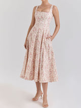 Romantic Square Neck Lace Up Back Resort Floral Print Midi Sundress
