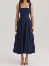 Romantic Square Neck Lace Up Back Resort Floral Print Midi Sundress