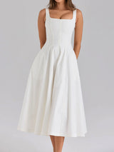 Romantic Square Neck Lace Up Back Resort Floral Print Midi Sundress