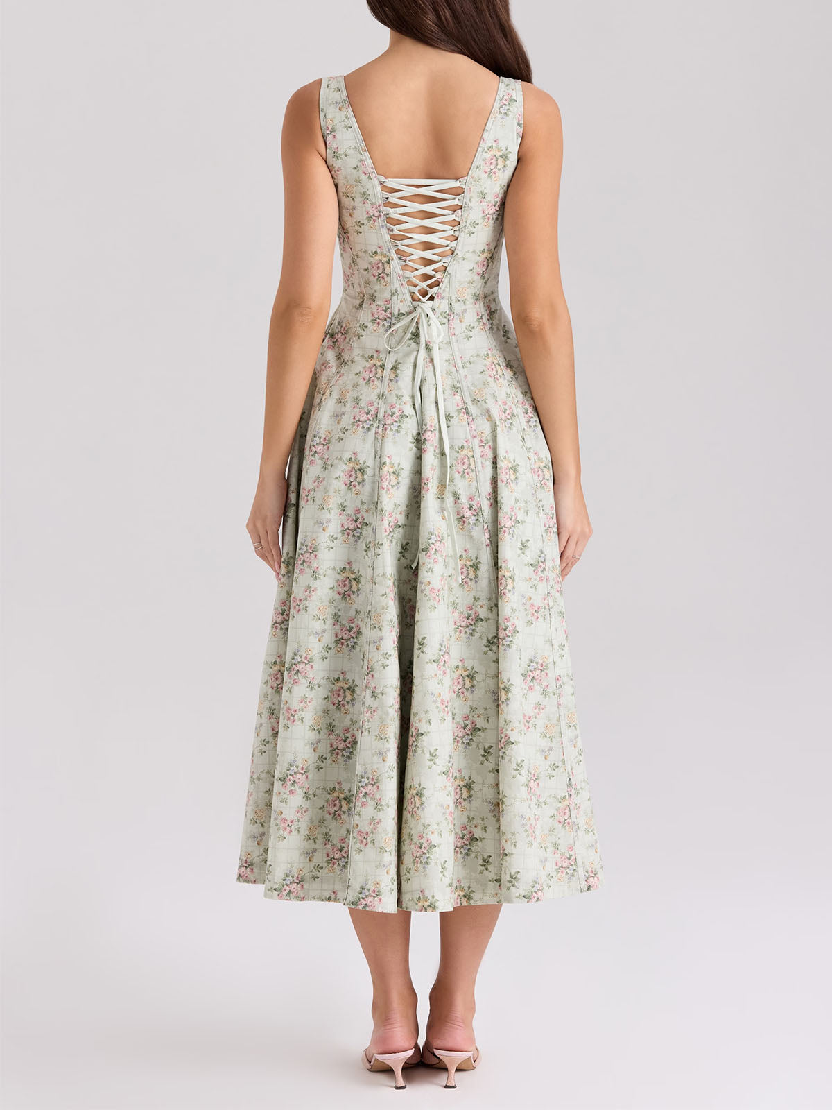 Romantic Square Neck Lace Up Back Resort Floral Print Midi Sundress