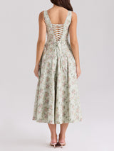 Romantic Square Neck Lace Up Back Resort Floral Print Midi Sundress