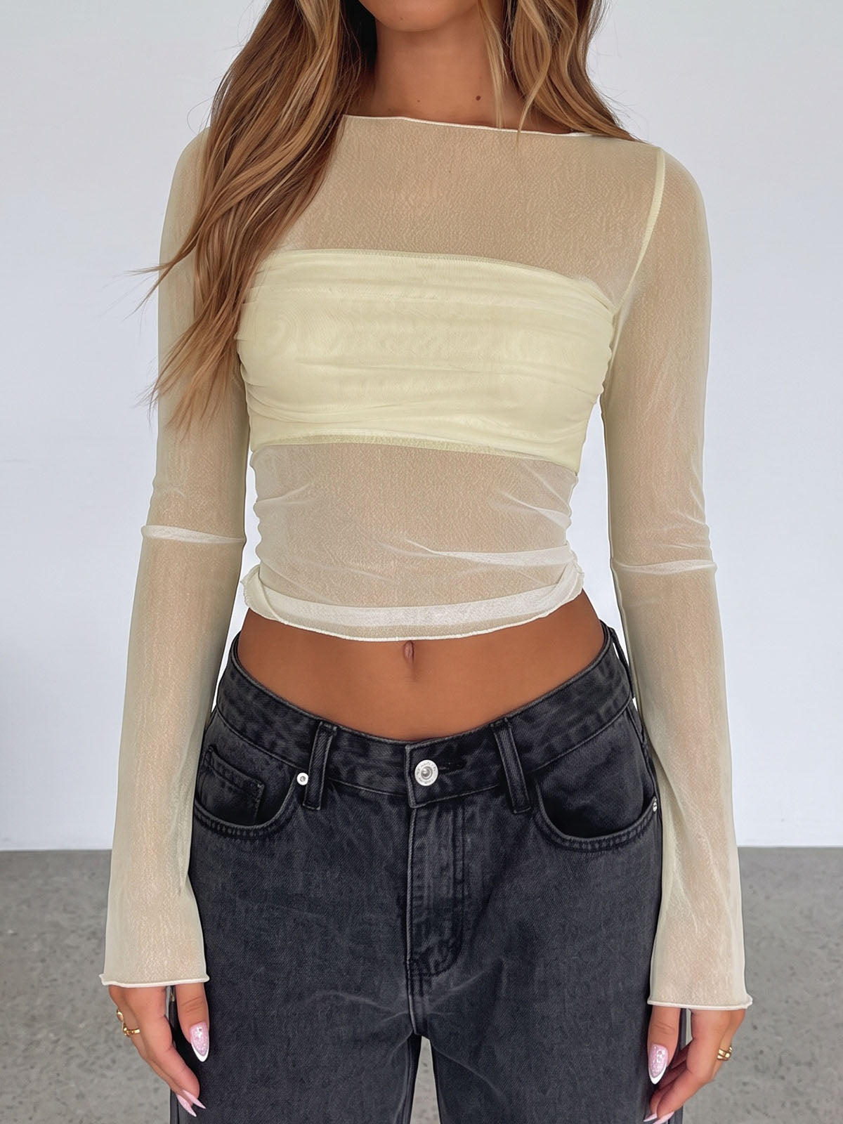 Sexy Boat Neck Bandeau Layer Long Sleeve Resort Crop Mesh Top