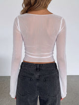 Sexy Boat Neck Bandeau Layer Long Sleeve Resort Crop Mesh Top
