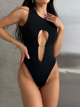 Sexy Brazilian High Leg Tie Back Rhinestone Cutout One Piece Swimsuit