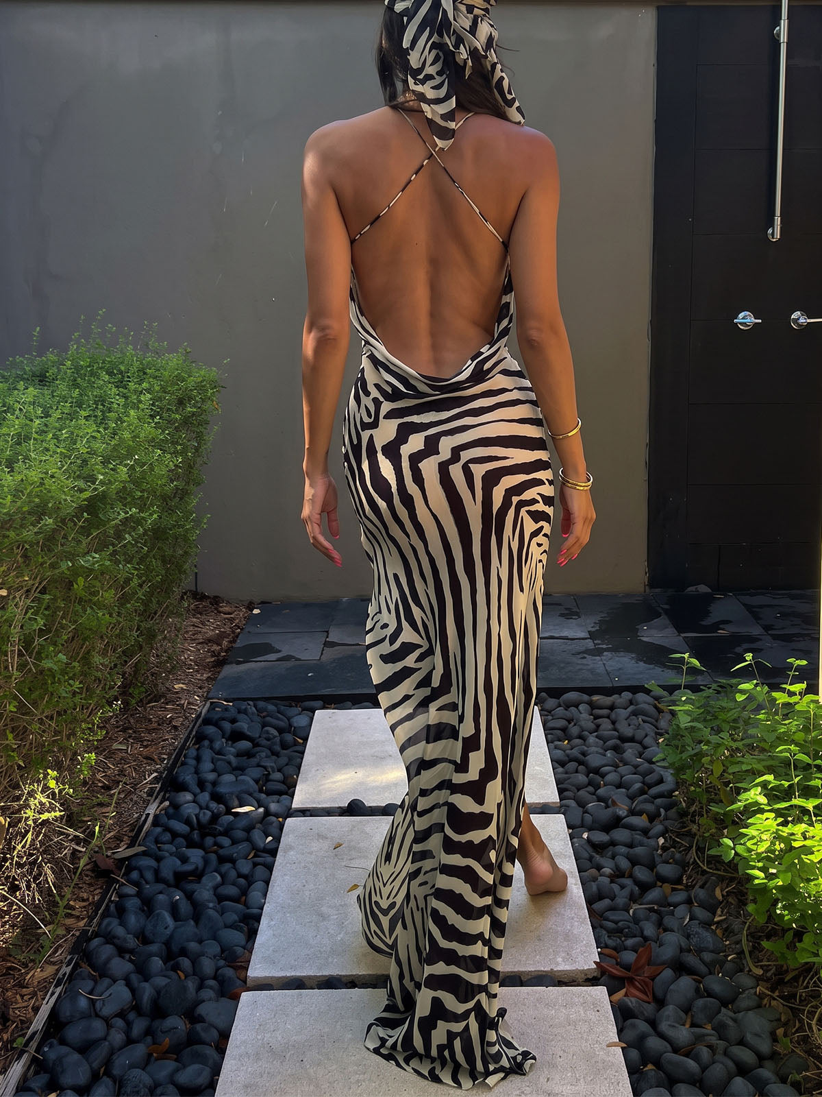 Sexy Cowl Neck Resort Draped Cross Back Slit Zebra Print Maxi Dress