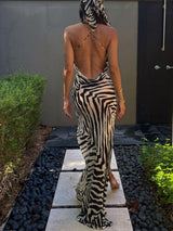 Sexy Cowl Neck Resort Draped Cross Back Slit Zebra Print Maxi Dress