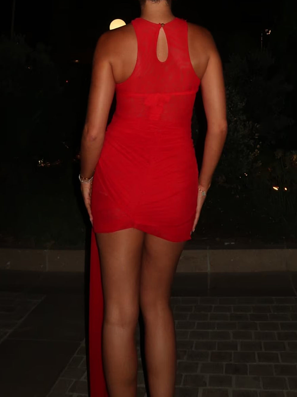 Sexy Crew Neck Sleeveless Draped Knot Sheer Mesh Mini Dress