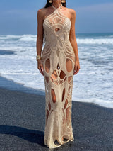 Sexy Cutout Halter Tie Backless Beach Crochet Cover Up Maxi Dress