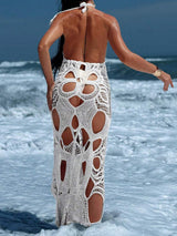 Sexy Cutout Halter Tie Backless Beach Crochet Cover Up Maxi Dress