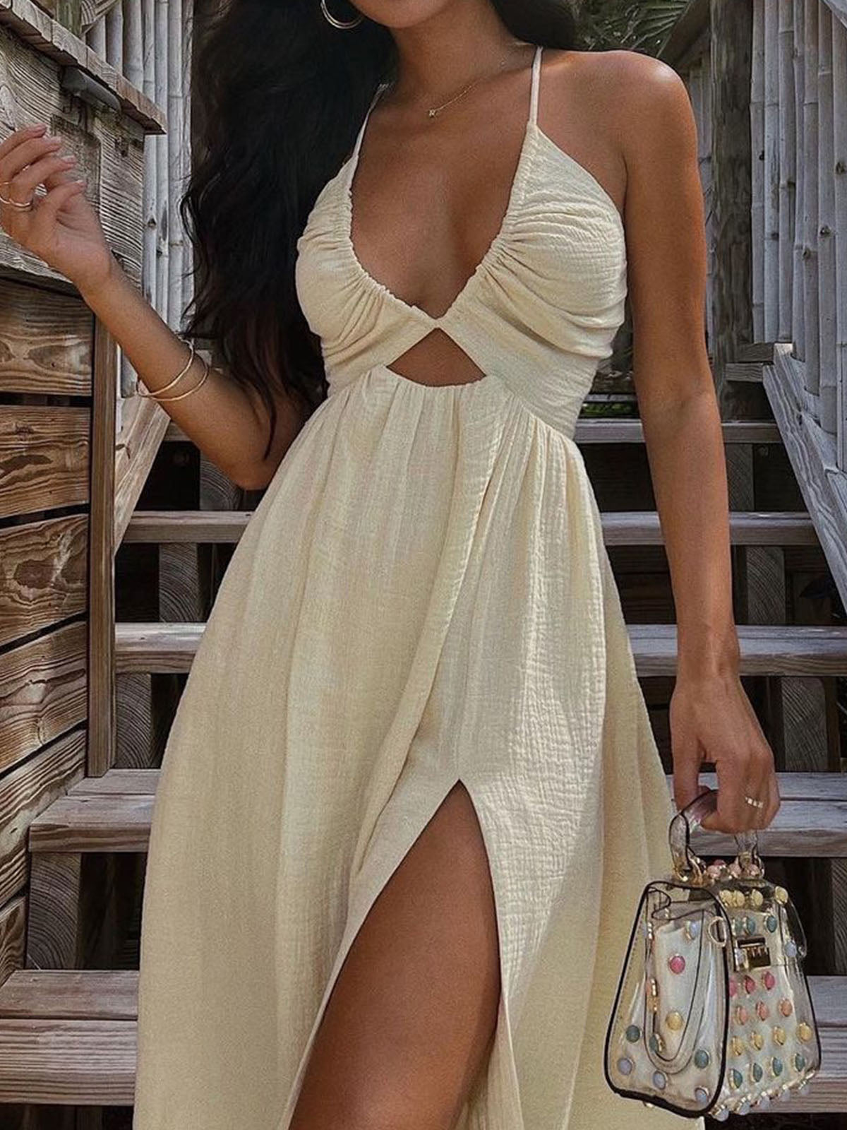 Sexy Deep V Neck Cotton Blend Cutout Resort High Split Midi Dress