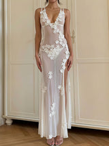 Sexy Deep V Neck Spaghetti Resort Slit Floral Applique Mesh Cover Up
