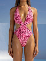 Sexy Leopard Print Deep V Cutout Monokini Halter One Piece Swimsuit