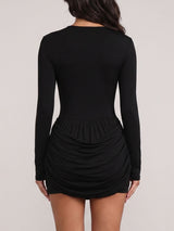Sexy Metallic Trim Cutout Draped Ruched Bodycon Long Sleeve Mini Dress
