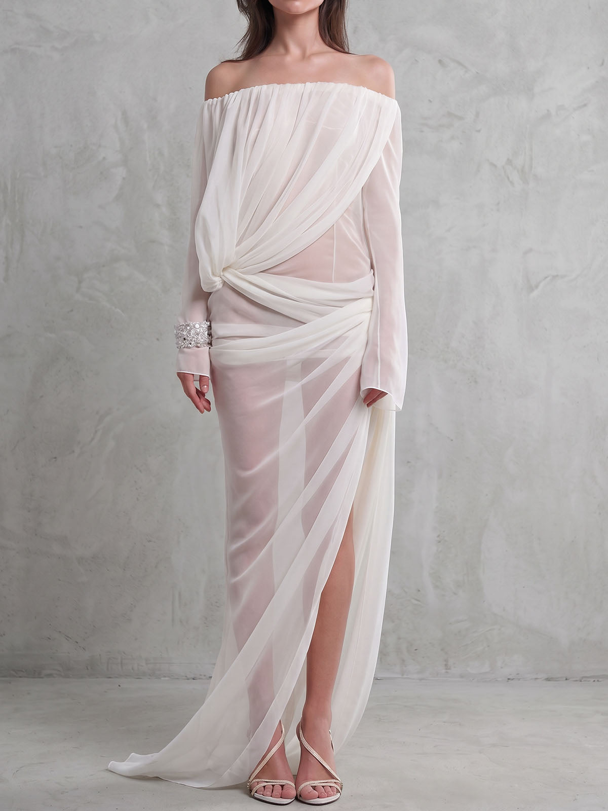 Sexy Off Shoulder Long Sleeve Resort Waist Sash Slit Mesh Maxi Dress