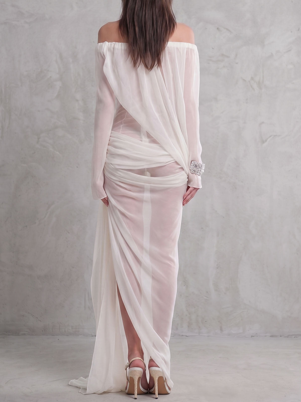 Sexy Off Shoulder Long Sleeve Resort Waist Sash Slit Mesh Maxi Dress