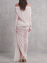 Sexy Off Shoulder Long Sleeve Resort Waist Sash Slit Mesh Maxi Dress
