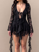 Sexy Ruffled Deep V Tie Neck Long Sleeve Draped Lace Mini Dress