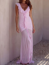 Sexy Ruffled V Neck Ruched Front Slit Resort Mesh Fishtail Maxi Dress