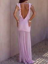 Sexy Ruffled V Neck Ruched Front Slit Resort Mesh Fishtail Maxi Dress