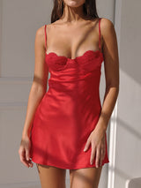 Sexy Scalloped Lace Trim Sweetheart Spaghetti A Line Satin Mini Dress