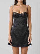 Sexy Scalloped Lace Trim Sweetheart Spaghetti A Line Satin Mini Dress