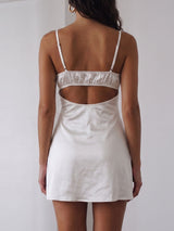Sexy Scalloped Lace Trim Sweetheart Spaghetti A Line Satin Mini Dress