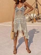 Sexy Scoop Neck Spaghetti Strap Leaf Crochet Knit Midi Cover Up