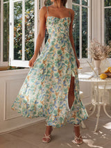 Sexy Sweetheart Tie Back High Slit Resort Floral Slip Midi Dress