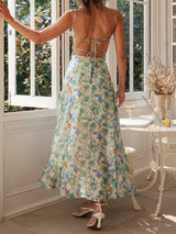 Sexy Sweetheart Tie Back High Slit Resort Floral Slip Midi Dress